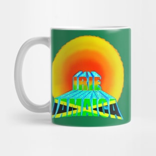 Irie Jamaica in the sun, Rasta colours and Jamaican flag in black green and gold inside the word Jamaica Mug